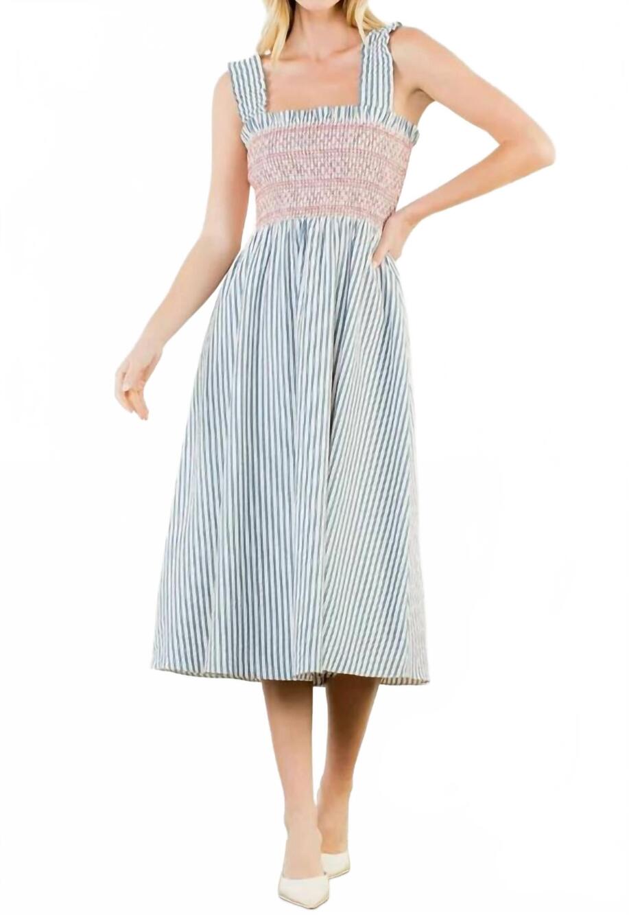 NEW THML smocked striped midi dress in blue